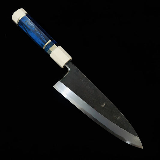 Miura Tadaki Deba Blade, Shirogami No. 2, Black Forged, Stabilized Wood Silver Handle (180mm)