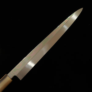YOSHIHIRO 郷右馬允義弘 Cuchillo fugu-hiki Shirogami #2, temple en agua, acabado espejo con ondas, mango blanco de ocho caras, con funda de magnolia (240–300 mm)