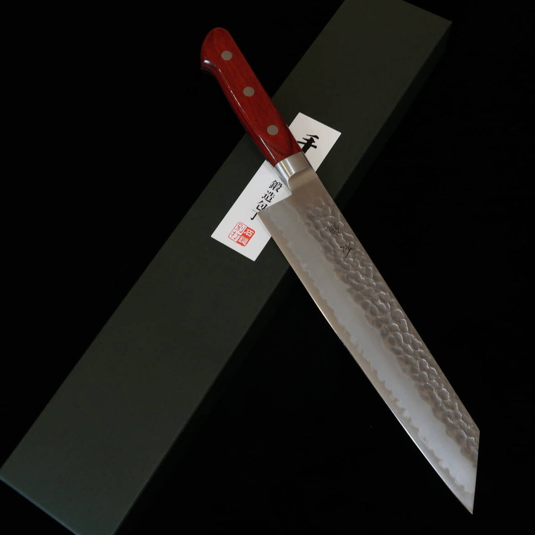 石鎚ISHIDUCHI 切付牛刀 青紙スーパー 鎚目 赤合板柄（210mm）