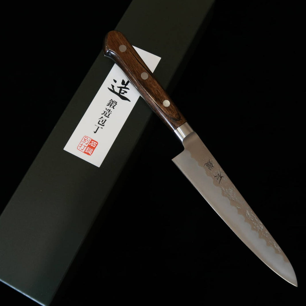 石鎚ISHIDUCHI ペティ 銀紙三号 梨地 焦茶合板柄（135mm）