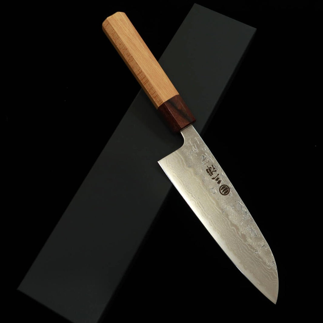 Santoku MIURA Acero sueco, acabado perla y damasco, mango octogonal de keyaki (165 mm)