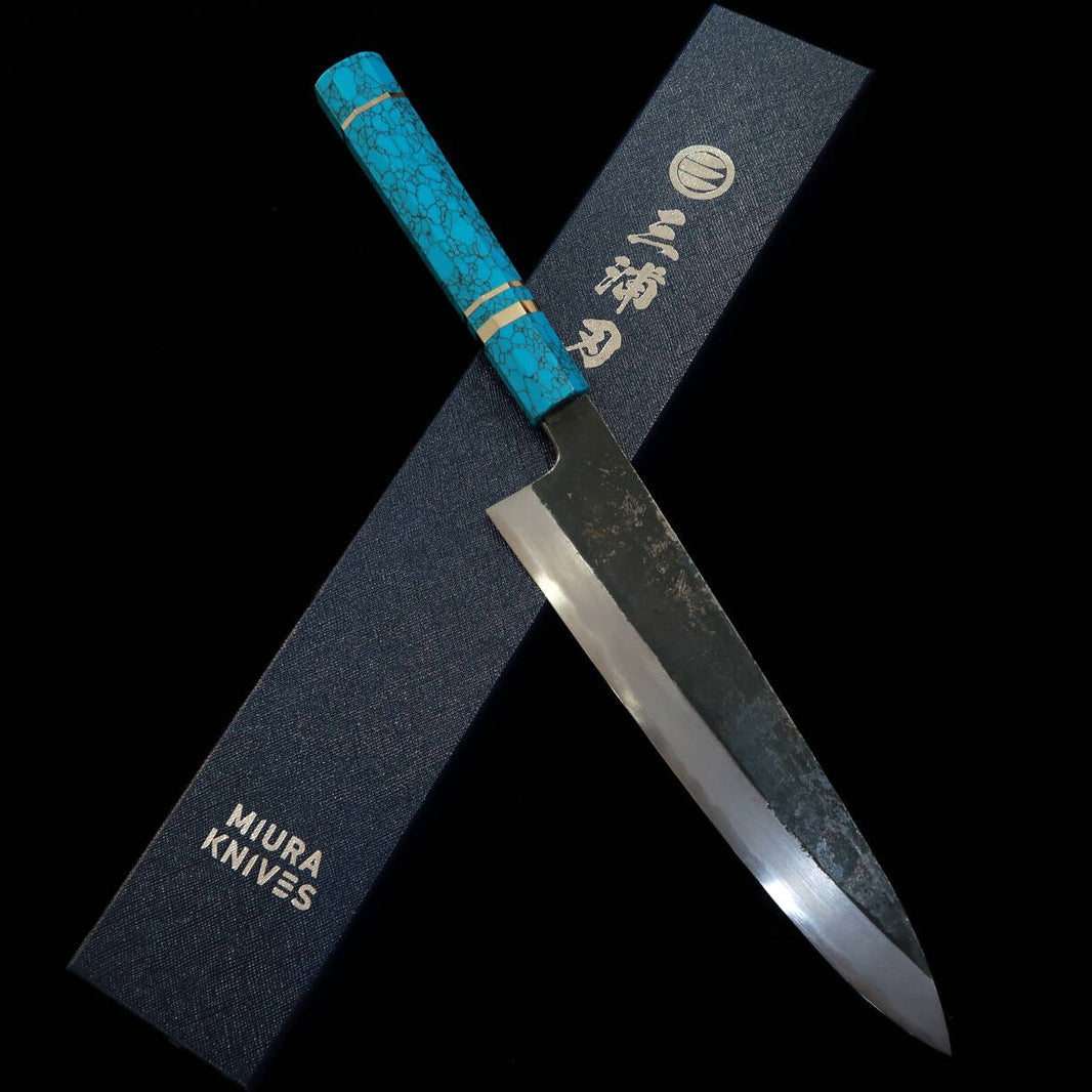 三浦頂MIURA Itadaki 田中義一 牛刀 白紙二号 黒打ち ターコイズハンドル （240ｍｍ）