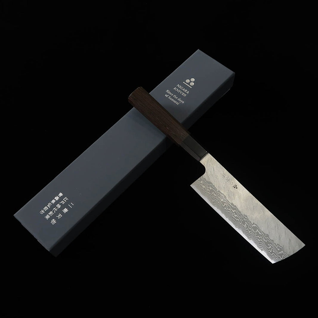 NIGARA cuchillo nakiri de punta redondeada VG10 damasco martillado mango de wengué (165 mm)