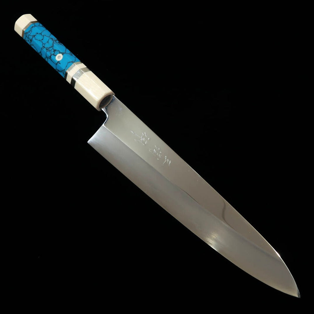 Miura Obidama Gyuto à simple biseau Gin-san n°3 finition miroir manche custom turquoise (240 mm)