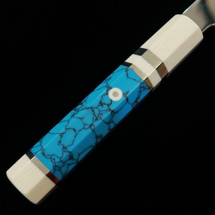 Miura Obidama Gyuto à simple biseau Gin-san n°3 finition miroir manche custom turquoise (240 mm)