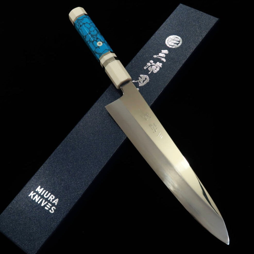 Miura Obidama Gyuto à simple biseau Gin-san n°3 finition miroir manche custom turquoise (240 mm)