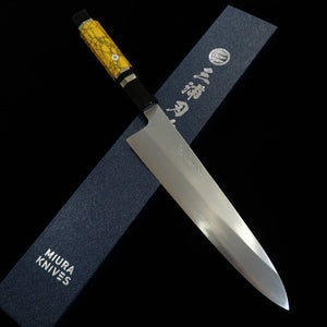 Miura Obidama Single-Edged Gyuto, Ginsan, Wood Finish, Yellow Custom Handle (240mm)