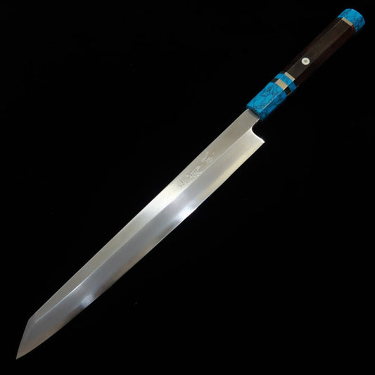 Miura Obidama Kiritsuke Yanagiba Knife, Left-Handed, Ginsan, Wood Finish, Turquoise Handle (300mm)