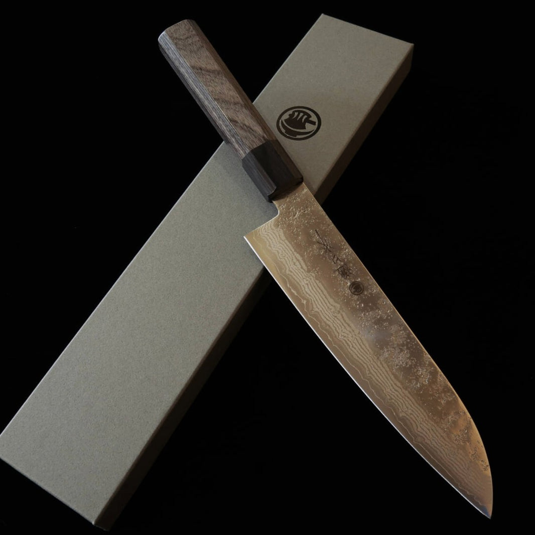 HIGUCHI Santoku VG10, damasco de 8 camadas, acabamento nashiji, cabo em laminado cinza (180 mm)