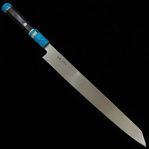 Miura佩MIURA Obidama Kirituke Yanagiba Para canhotos Gin San Nº3 Acabamento em madeira de amolar Cabo de turquesa (300mm)