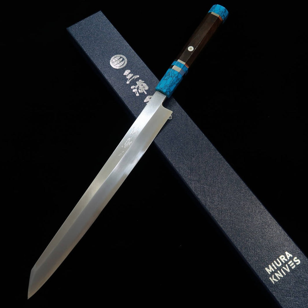 三浦佩MIURA Obidama 切付柳刃 左利き用 銀紙三号 木砥仕上げ ターコイズハンドル （300ｍｍ）