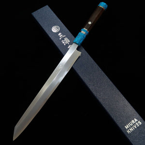 Miura佩MIURA Obidama Kirituke Yanagiba Para canhotos Gin San Nº3 Acabamento em madeira de amolar Cabo de turquesa (300mm)