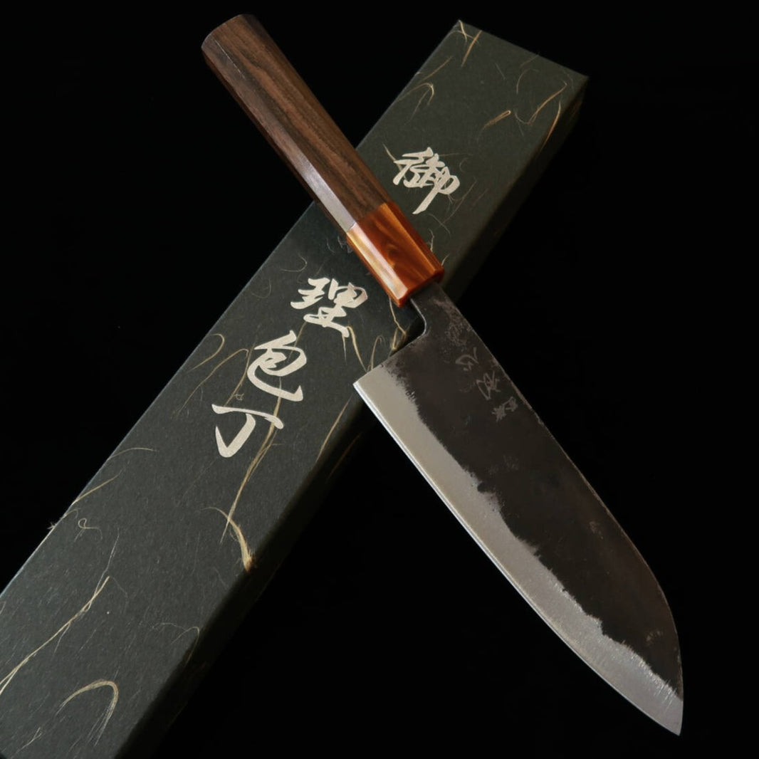 Hatsukokoro Kurotetsu Santoku Blue Paper No. 2 Black-Forged Ebony Octagonal Handle with Resin Ferrule (165mm)