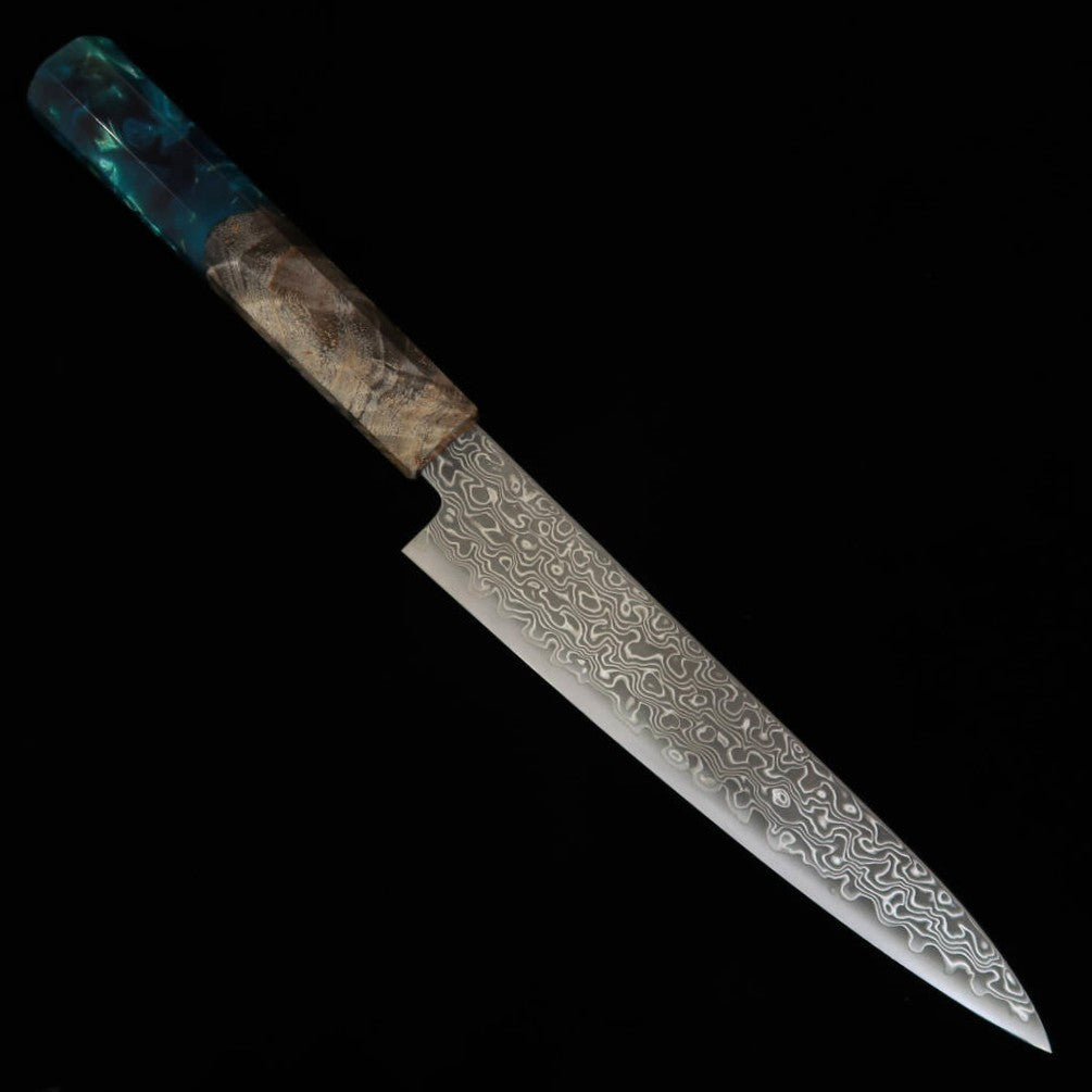 三浦MIURA ペティ VG10 鎚目 ニッケルダマスカス 黒スタビライズ青緑樹脂柄（150mm）