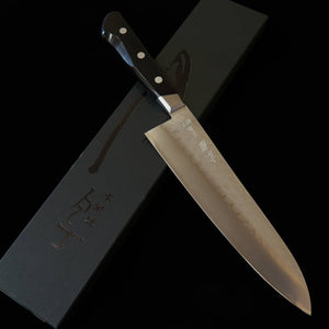 Minamoto Kotetsu couteau de chef (Gyuto) acier Yasugi Blue n°2 finition satinée manche en contreplaqué noir avec garde (200 mm)