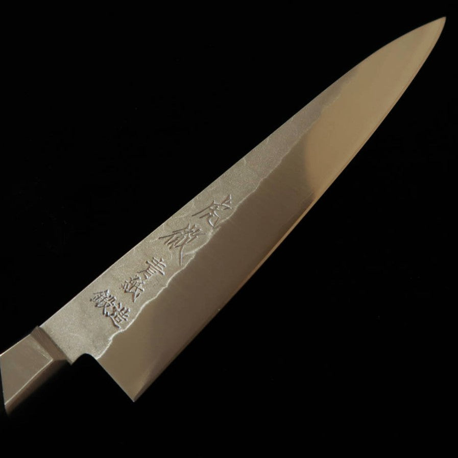 Minamoto Kotetsu Petty Knife - Aogami #2 Steel, Nashiji Finish, with Bolster, Black Plywood Handle (135mm)