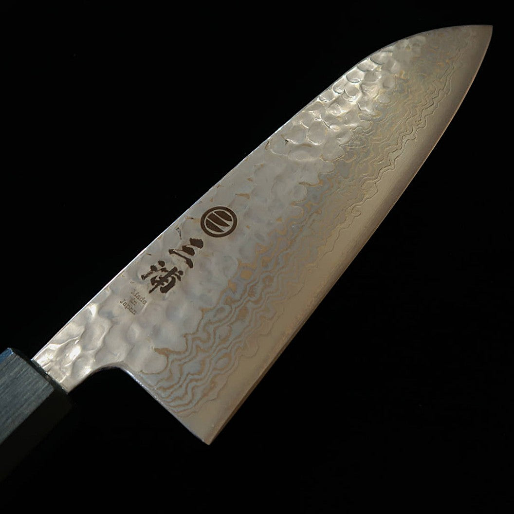 三浦 MIURA 三徳 銀紙三号 白ダマスカス 鎚目 燦藍柄 (165mm)