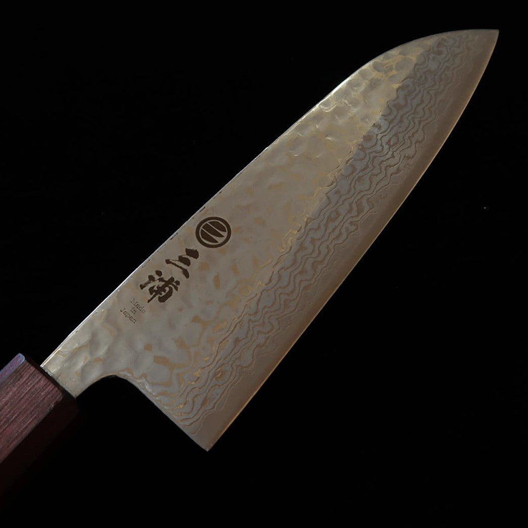 三浦 MIURA 三徳 銀紙三号 白ダマスカス 鎚目 燦紫柄 (165mm)