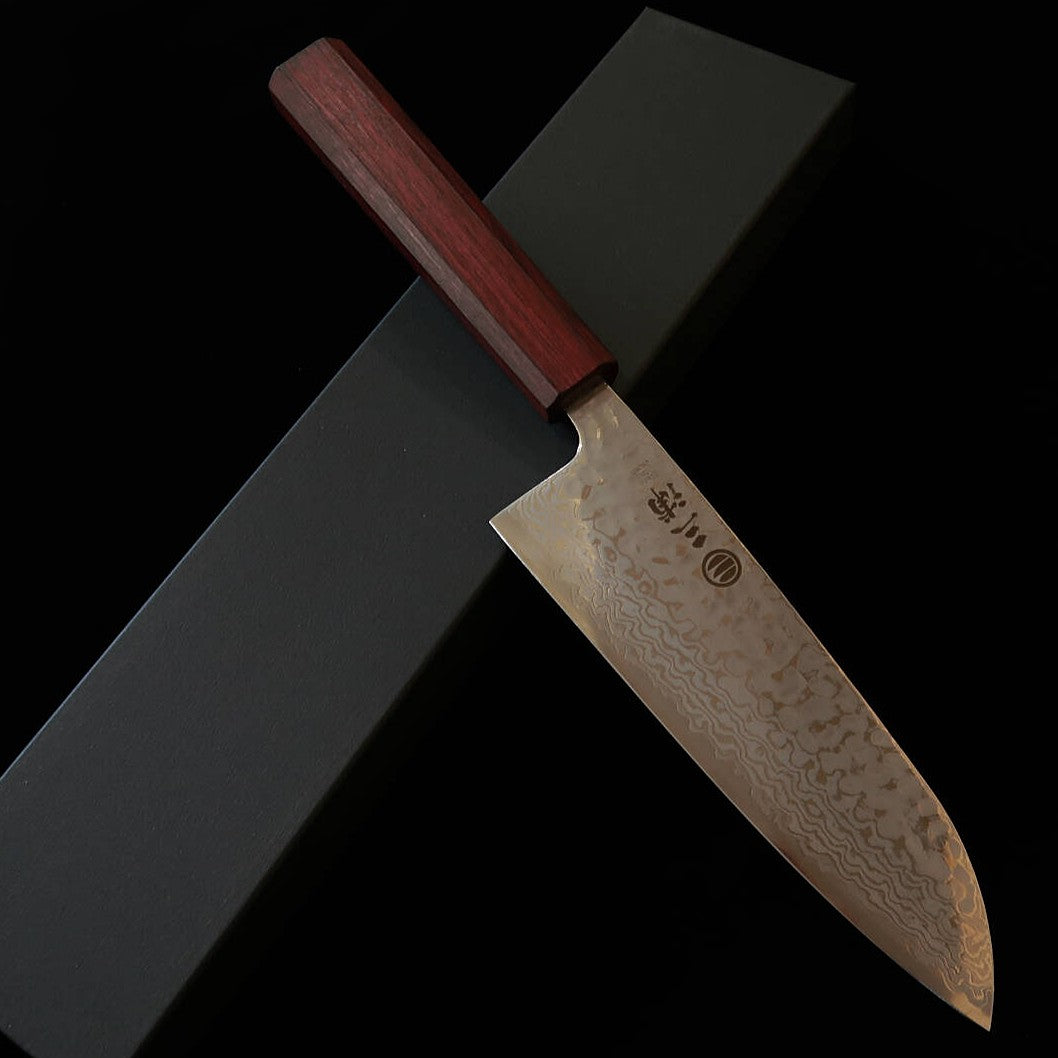 Miura MIURA Santoku Gingami #3, Damasco branco, martelada, cabo “Sanmurasaki” (165 mm)