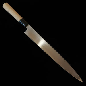 MIURA Yanagiba Shirogami nº2, Hon-Kasumi, mango de magnolia tipo castaña con virola de cuerno de búfalo, para zurdos (270 mm)