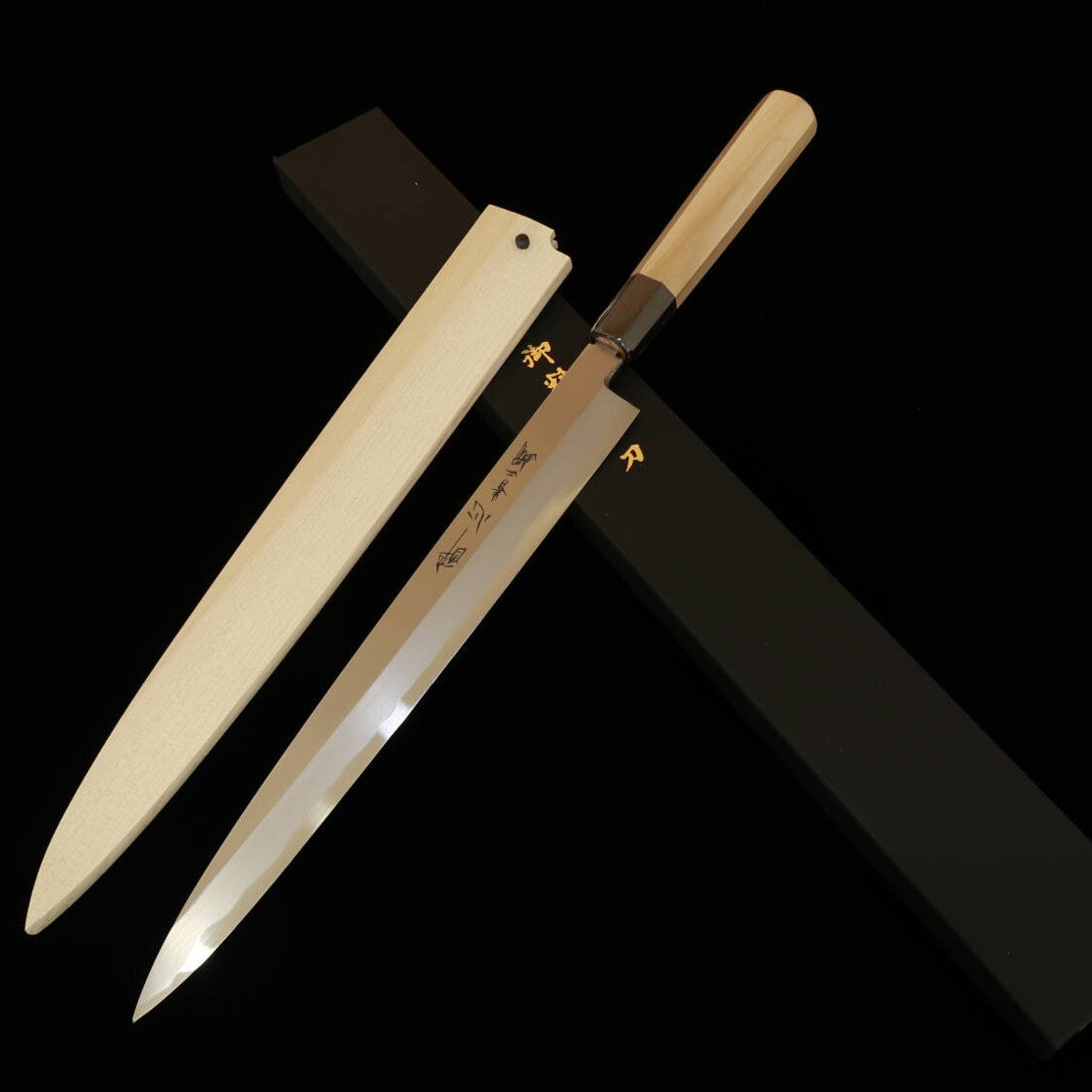 Suisin Yanagiba Blue Steel #2 Hongasumi, Octagonal Magnolia Handle, Left-handed, with Magnolia Saya (240-300mm)