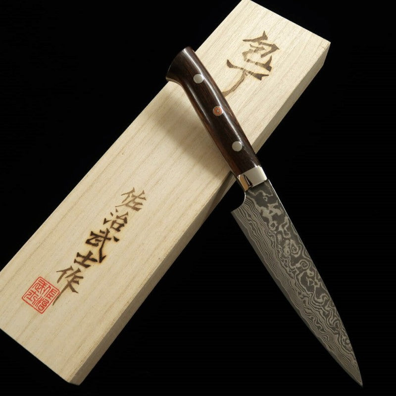 佐治武士 SAJI TAKESHI R2 黒染めダマスカス ペティ アイアンウッド (135/150mm)