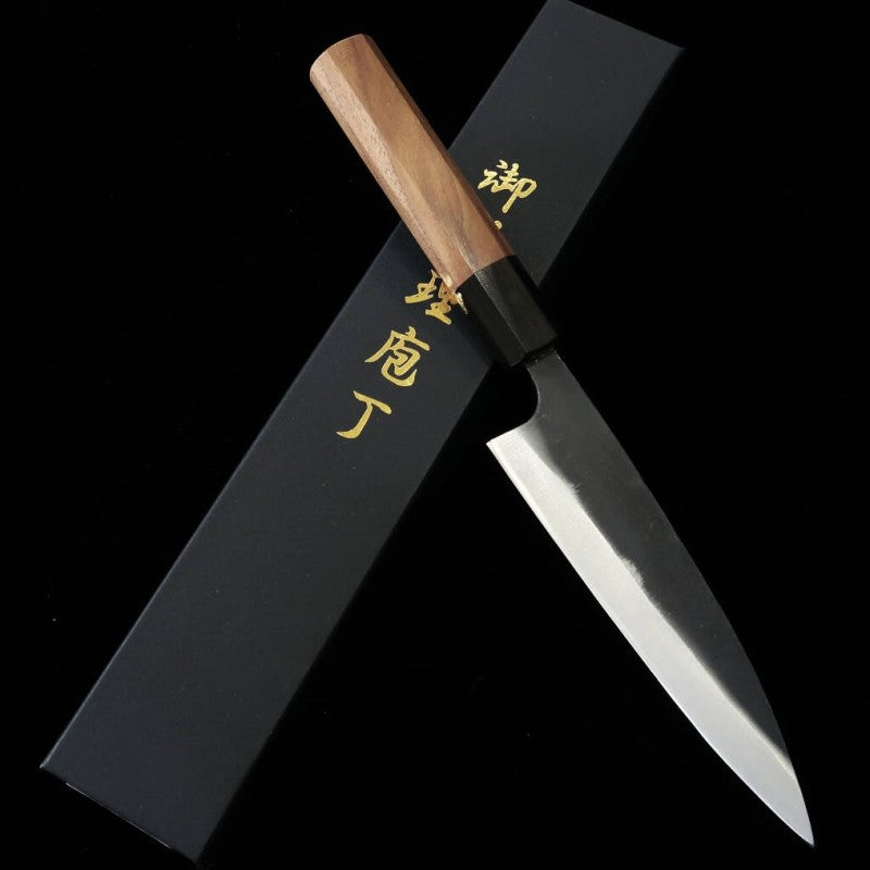 MIURA Miura cuchillo para jurel, acero azul nº 2 acabado forjado negro, mango de nogal (145 mm)
