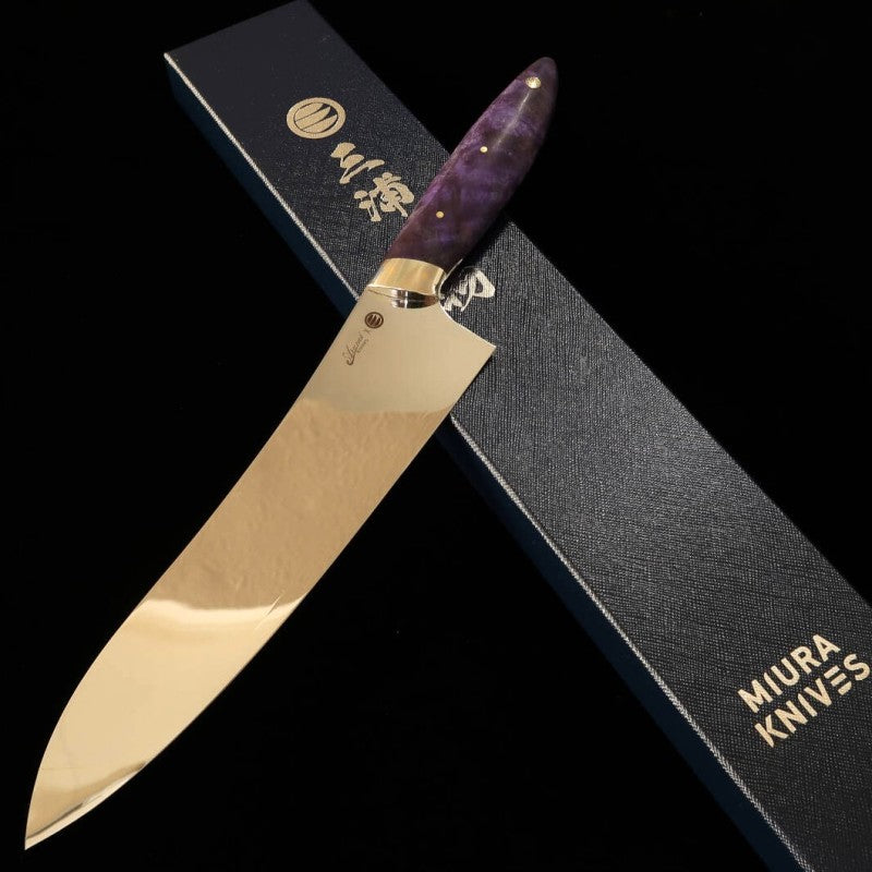 Asurah Knives × Miura VG10, finition miroir, manche custom bleu, Gyuto (210 mm)