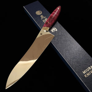 Asurah Knives × MIURA cuchillo de chef (gyuto) VG10, acabado espejo, mango personalizado rojo (210 mm)