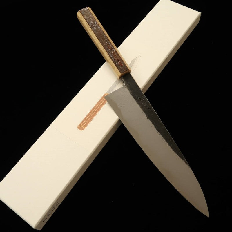 HADO Gyuto, acier bleu n°1, finition kuro-uchi, damas, manche en écorce de cerisier marbrée (210/240 mm)