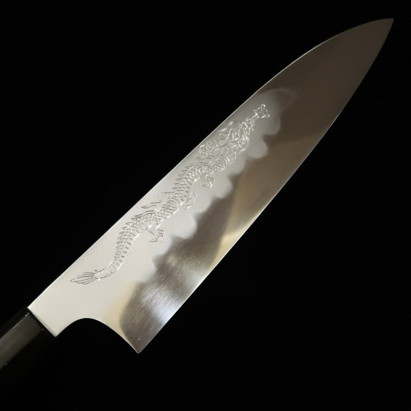 水野鍛練所 MIZUNO 源昭忠 青紙一号 本焼DX 牛刀 鏡面 龍刻印入り 黒檀銀巻柄 (240mm)