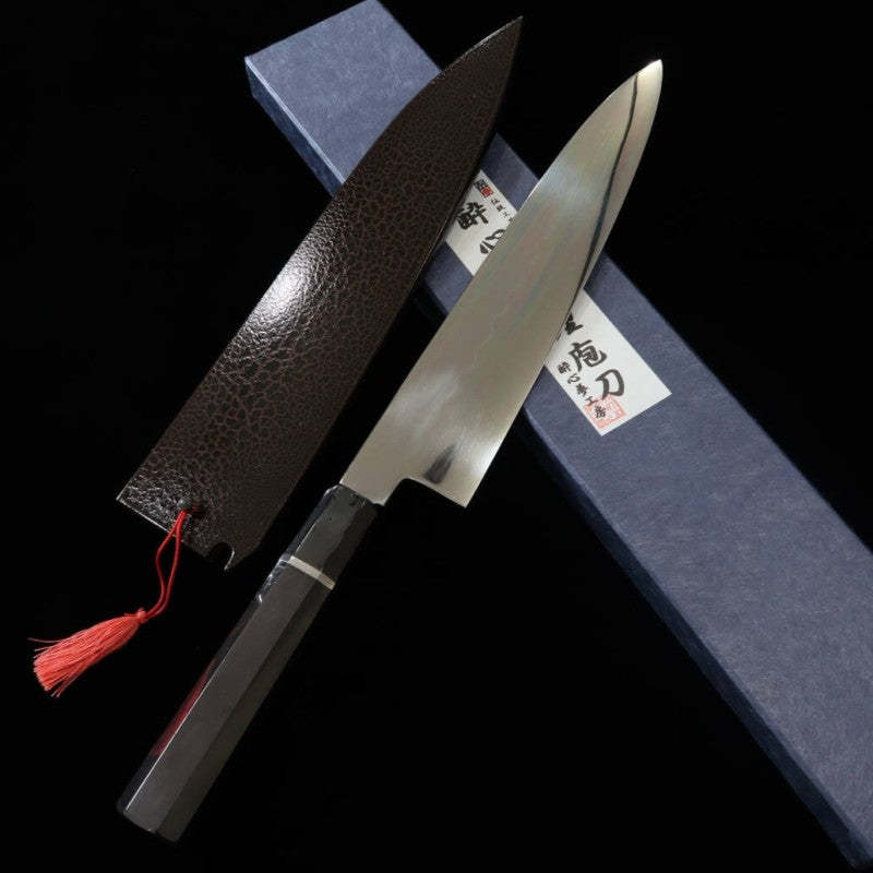 SUISIN Gyuto Honyaki Yoshikazu Ikeda Shirogami No. 3 Ebony Silver Wrapped Handle and Magnolia Sheath (240mm) 