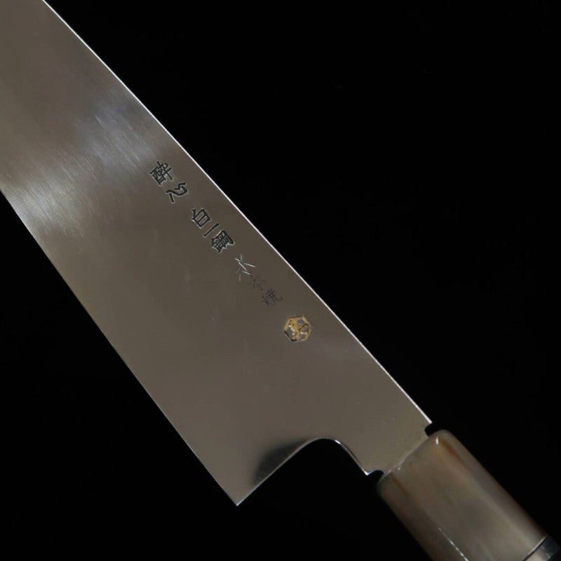 SUISIN Gyuto Mizu-Honyaki Yoshikazu Ikeda White steel No.1  Ebony silver-wrapped handle Full mirror finish Gusset polished Lacquered sheath Nishiki bag Paulownia box (240mm) 
