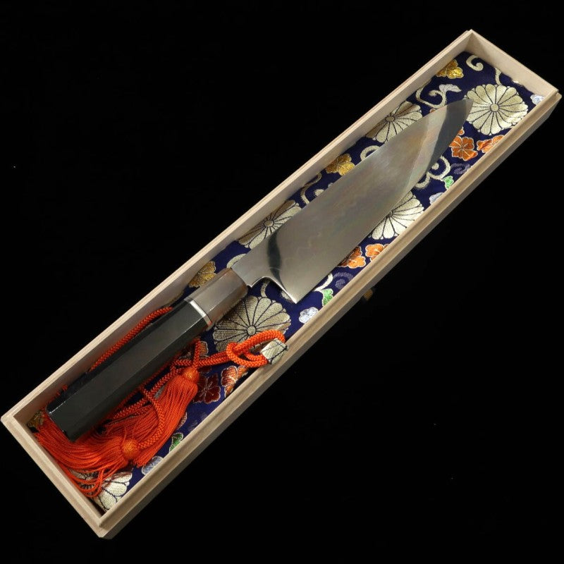 SUISIN Gyuto Mizu-Honyaki Yoshikazu Ikeda White steel No.1  Ebony silver-wrapped handle Full mirror finish Gusset polished Lacquered sheath Nishiki bag Paulownia box (240mm) 
