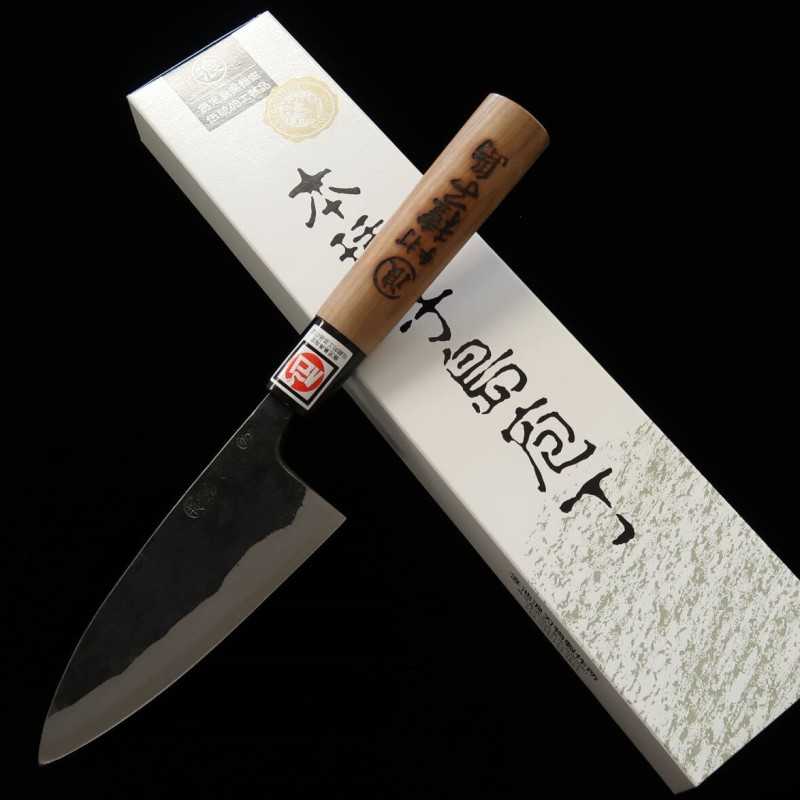 Ikenami Hamono IKENAMI HAMONO Shirogami nº 1, acero inoxidable laminado, mango de sakura, deba de doble bisel (130–180 mm)