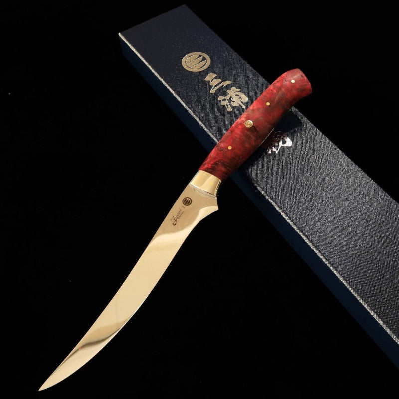 Asurah Knives × MIURA SUS420J2 Finition miroir Manche custom rouge Couteau à filet (150 mm)