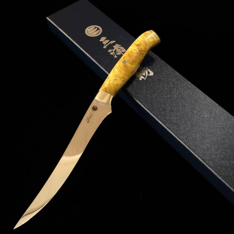 steak knife AsurahxMiura com acabamento espelhado e cabo personalizado  amarelo (160mm)