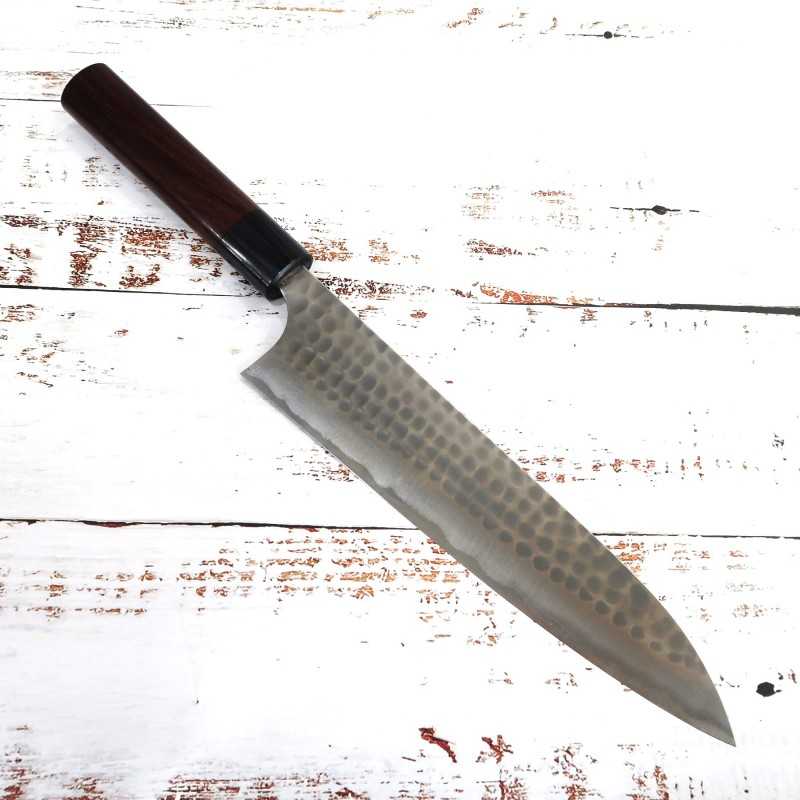 ANRYU 安立 – Gyuto acero azul nº2, sanmai inoxidable, acabado martillado, mango de palisandro (210/240 mm)
