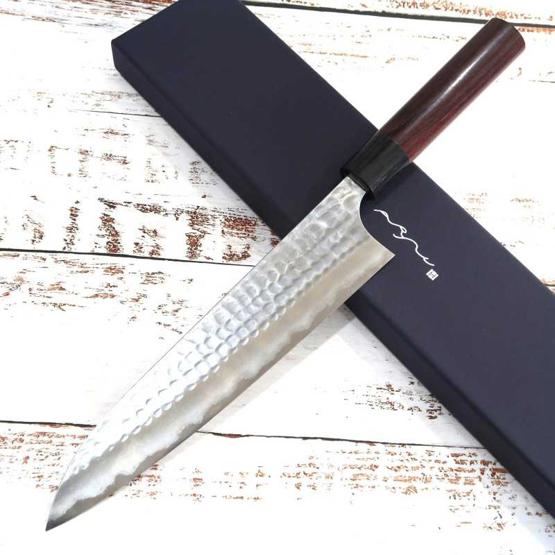 ANRYU 安立 – Gyuto acero azul nº2, sanmai inoxidable, acabado martillado, mango de palisandro (210/240 mm)