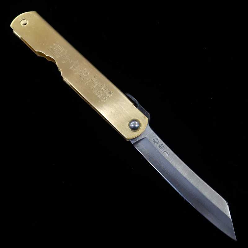 Cuchillo plegable HIGONOKAMI Aogami con núcleo de acero y mango de latón, serie del zodiaco - Caballo - (73mm)