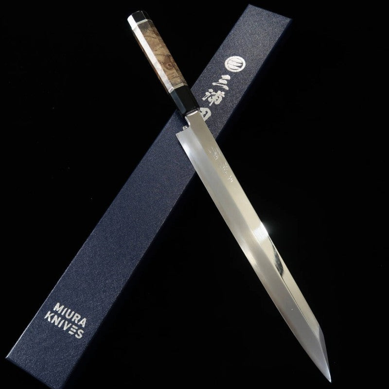 MIURA, Obidama, Yanagiba, VG10, Finition miroir, Manche bois stabilisé (300 mm)