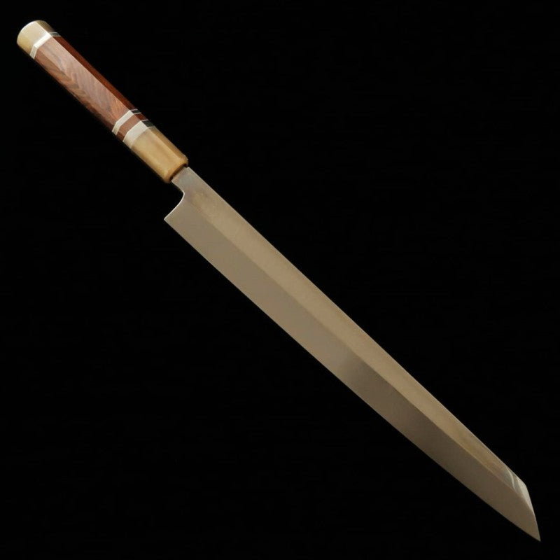 SUISIN Obra de Kenji Togashi Mizuhonyaki Yanagiba tipo espada Acero Shirogami No.2 Mango de snakewood (300 mm)