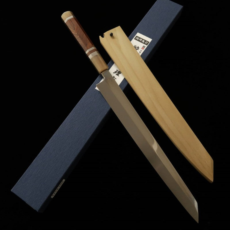 SUISIN Obra de Kenji Togashi Mizuhonyaki Yanagiba tipo espada Acero Shirogami No.2 Mango de snakewood (300 mm)