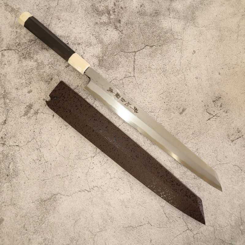 SUISIN Yanagiba tipo espada Forjado por Kenji Togashi Shirotanryu Shirogami #1 Yanagiba tipo espada con funda lacada Mango de ébano con doble virola blanca (270/300 mm)