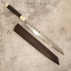 SUISIN Yanagiba à pointe Kenji Togashi Acier blanc n°1 Finition Shirataki Fourreau laqué Manche ébène et ivoire (270/300mm)