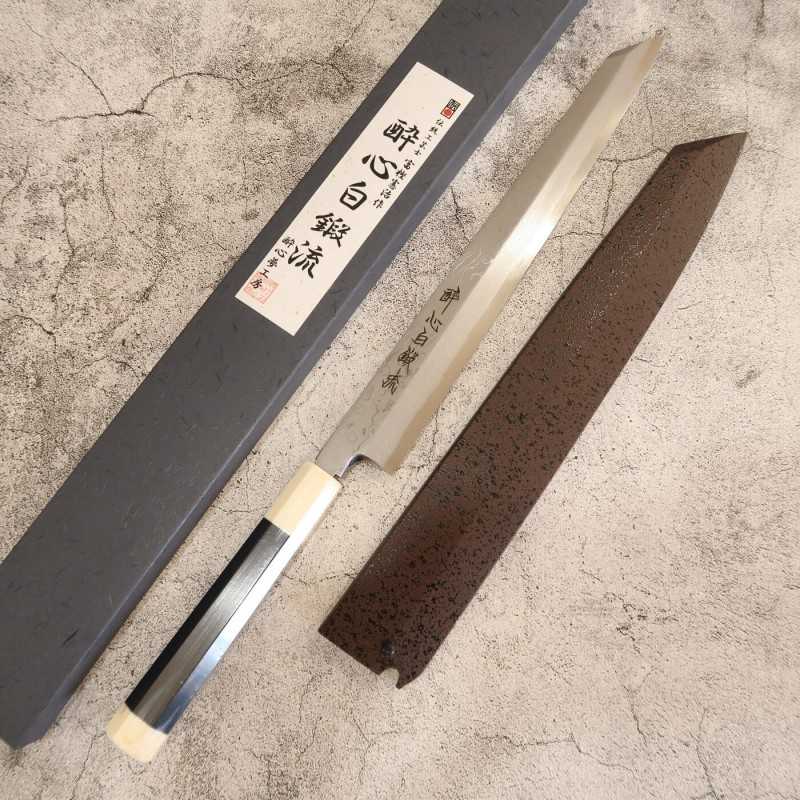 SUISIN Yanagiba tipo espada Forjado por Kenji Togashi Shirotanryu Shirogami #1 Yanagiba tipo espada con funda lacada Mango de ébano con doble virola blanca (270/300 mm)