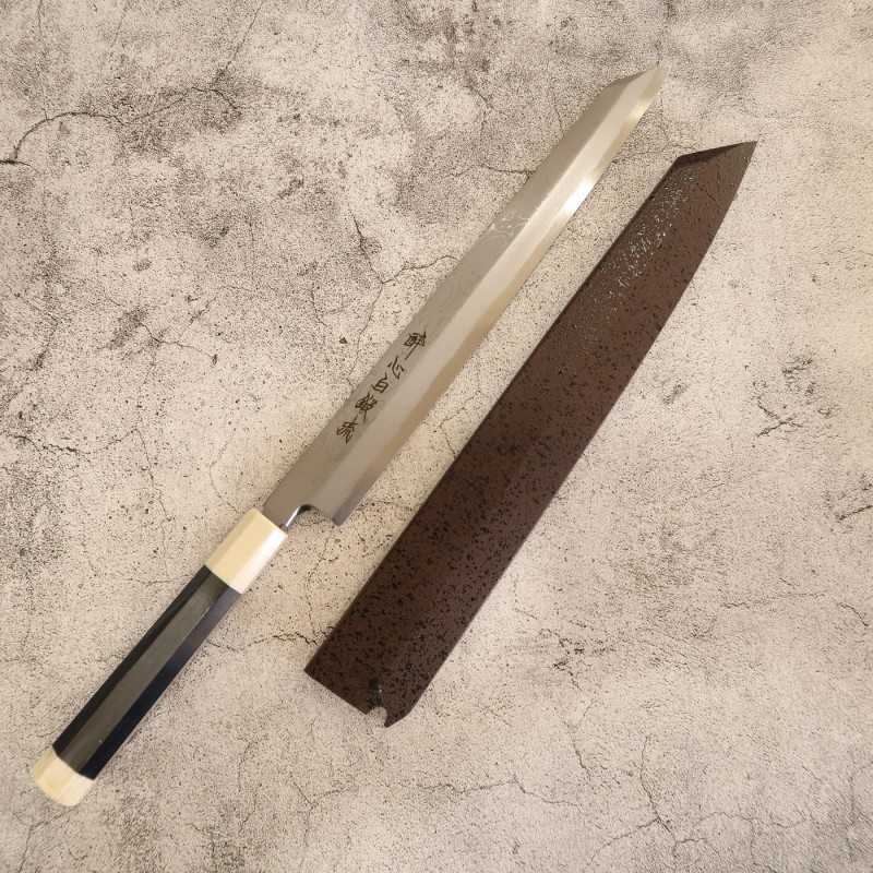 SUISIN Yanagiba tipo espada Forjado por Kenji Togashi Shirotanryu Shirogami #1 Yanagiba tipo espada con funda lacada Mango de ébano con doble virola blanca (270/300 mm)