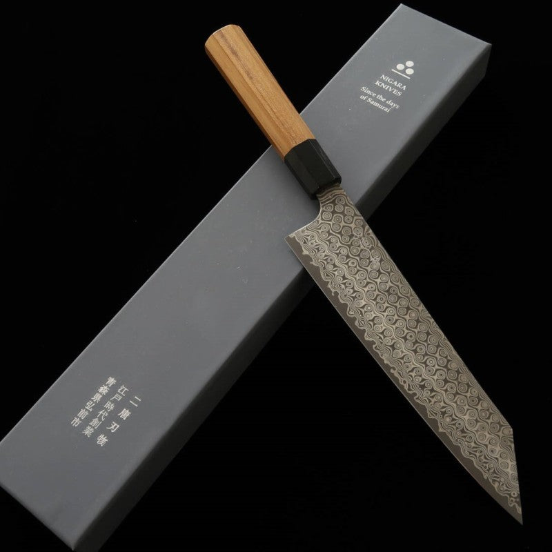 Gyuto NIGARA SG2 com padrão escuro Kiritsuki e cabo octogonal de teca (210/240mm)