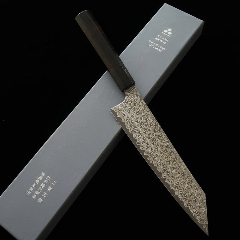 Kiritsuki Gyuto NIGARA SG2 com padrão escuro e cabo octogonal de ébano (210-270mm)