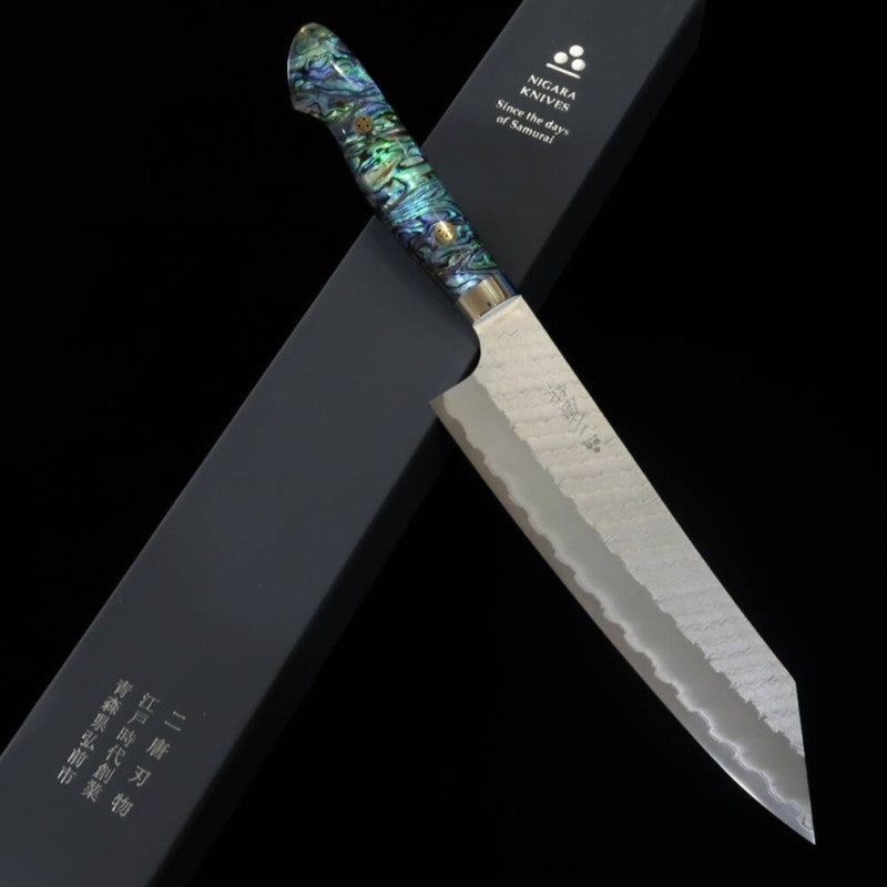 二唐刃物製造所 NIGARA 切付牛刀 SG2 磨き鎚目 螺鈿柄 (210mm)